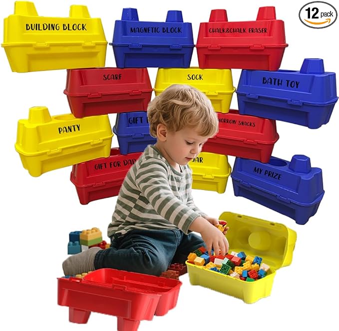 12 pack 9.45”x6.3”x4.92” Stackable plastic toy storage bins for classroom playroom organization for kid children big large building blocks 1-3 3-5 4-8 years old girl boy