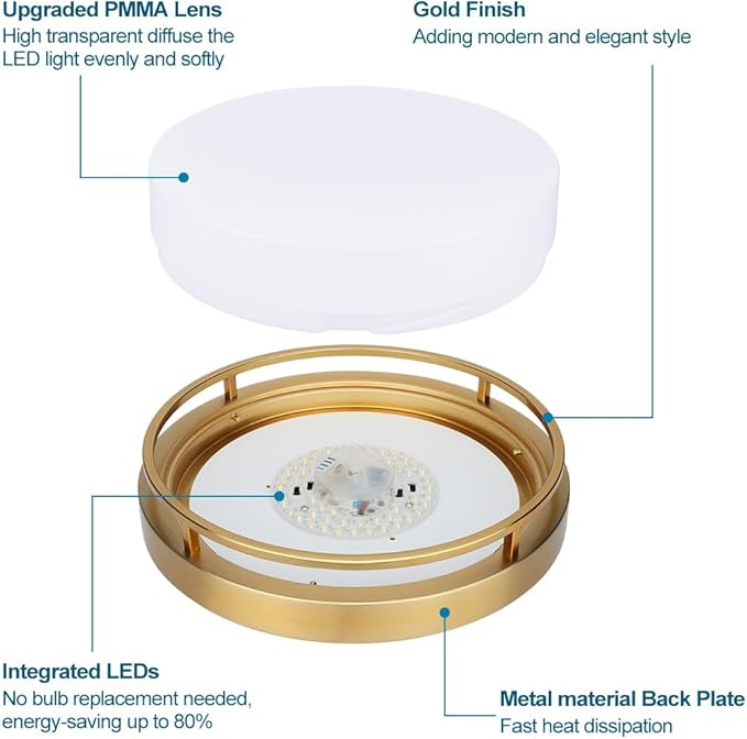 2Pack LED Flush Mount Ceiling Light Fixture 13" 20W, 3000/4000/5000K Color Selectable, Dimmable Ceiling Lamp for Kitchen, Hallway, Stairwell, Gold, ETL