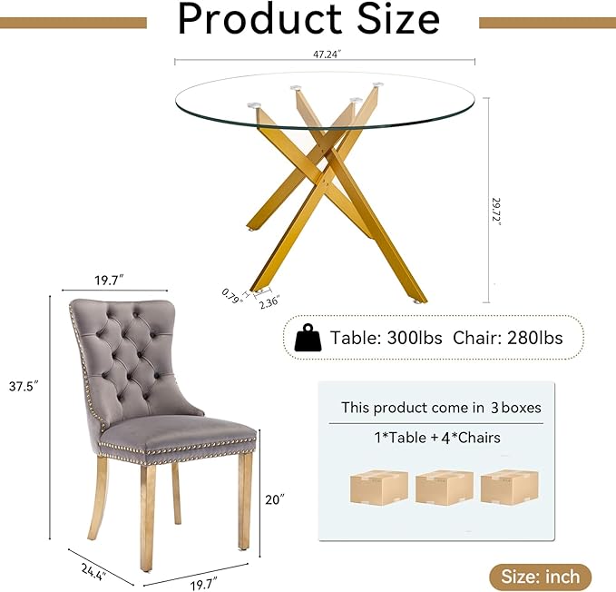 Goujxcy 5 Piece Round Glass Dining Table Set for 4, 47" Round Dining Table & Chair Set Modern Circle Glass Kitchen Table and 4 Velvet Upholstered Chairs for Kitchen Dining (Gold Table & Grey Chair)