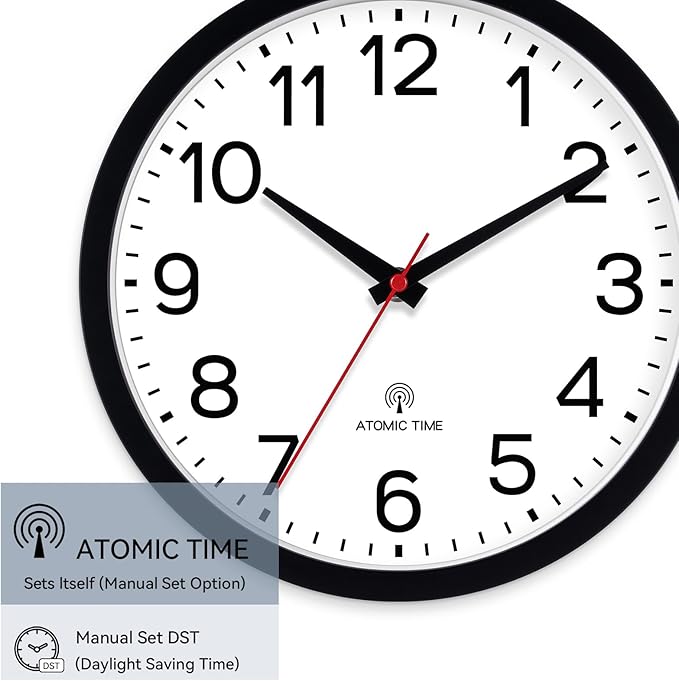 AKCISOT Atomic 12 Inch Wall Clock Analog Clocks for Indoor Kitchen, Battery Operated Clock for Bedroom Office Classroom Living Room(Black)