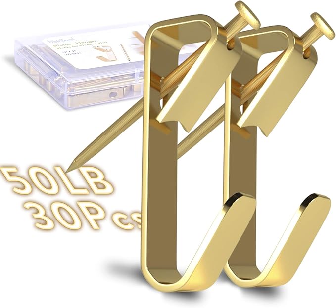 Picture Hangers, Picture Hooks for Hanging Pictures 50LB Frame Hooks Picture Hangers Heavy Duty Hardware Hanger Kit 30Pcs Wooden Wall Painting Hangers Hooks and Nails for Pictures