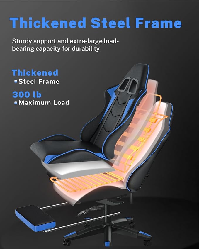 Gaming Chair with Footrest, High Back Ergonomic Computer Gamer Chair with Headrest and Lumbar Support, Racing Style Reclining Game Chair for Adults, Kids (Blue-Black)