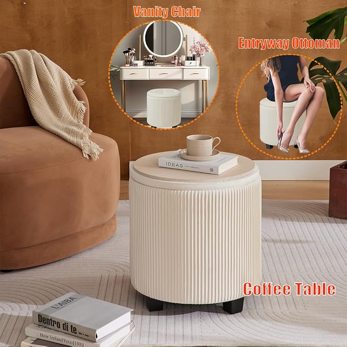 Round Ottoman with Storage Set of 2-Upholstered Sherpa Vanity Stool for Makeup Multifunctional Ottomans Coffee Table Padded Seat Foot Rest (Engineered Wood, Large White)