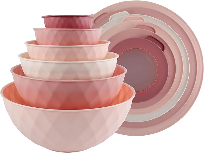COOK WITH COLOR Mixing Bowls with Lids - 12 Piece Plastic Nesting Bowls Set includes 6 Prep Bowls and 6 Lids, Diamond Design - Microwave Safe (Mint)