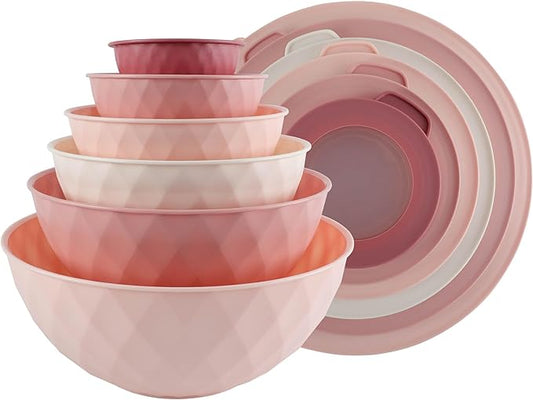 COOK WITH COLOR Mixing Bowls with Lids - 12 Piece Plastic Nesting Bowls Set includes 6 Prep Bowls and 6 Lids, Diamond Design - Microwave Safe (Mint)