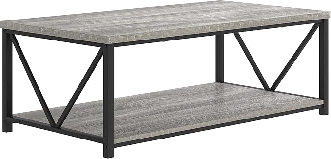FOLUBAN Coffee Table, Modern Rectangle Living Room Table with Storage Shelf, Rustic Wood and Metal Center Table, Light Grey, 47 Inch