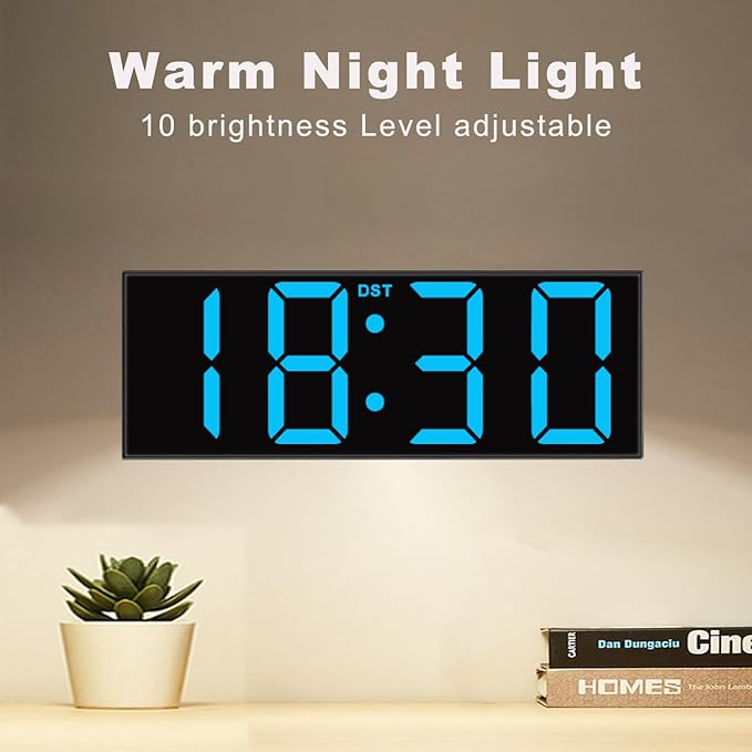 JALL 12'' Large Digital Wall Clock, Big LED Number Dispaly, DST, Night Light for Classroom, Living Room, Bedroom, Mounted, Birthday Xmas Gift for Senior, Mem Womem Mom Dad, Blue