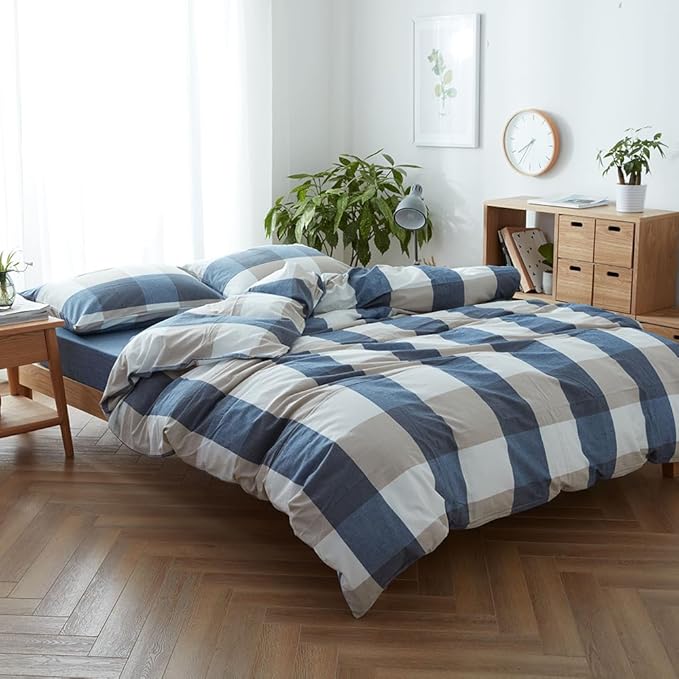 FACE TWO FACE Bedding Duvet Cover Set100% Washed Cotton Duvet Cover Linen Like Textured Breathable Durable Soft Comfy (California King, Blue and White Grid)