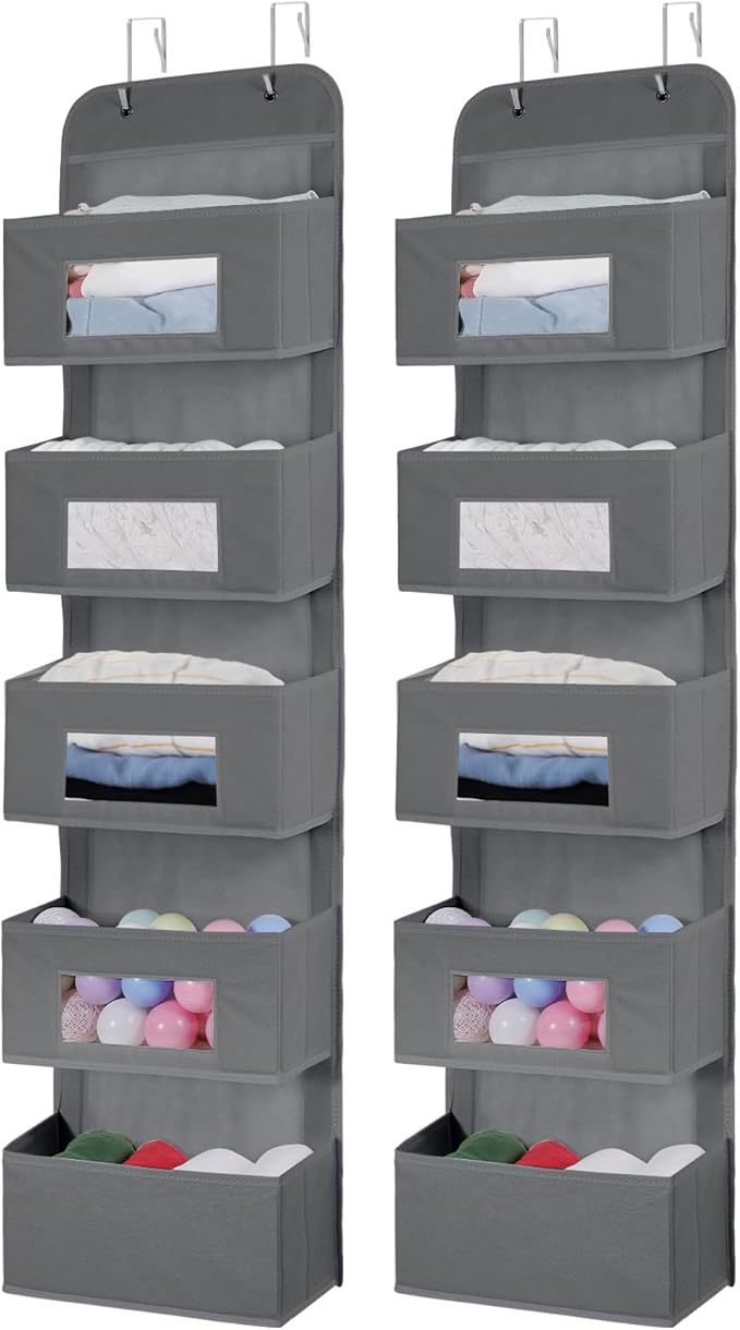 5-Shelf Over The Door Hanging Organizer with 2 Metal Hooks，5 Pocket Over The Door Wall Mount Storage with Clear Windows for Baby Nursery Bathroom Closet,Bedroom,Dorm (Gray-2 Pack)