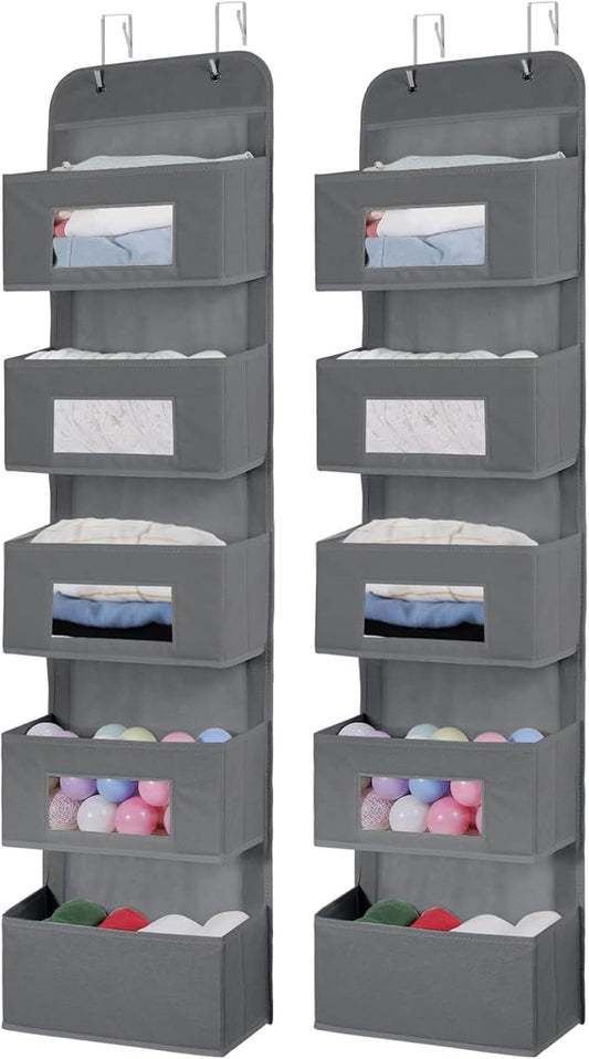 5-Shelf Over The Door Hanging Organizer with 2 Metal Hooks，5 Pocket Over The Door Wall Mount Storage with Clear Windows for Baby Nursery Bathroom Closet,Bedroom,Dorm (Gray-2 Pack)
