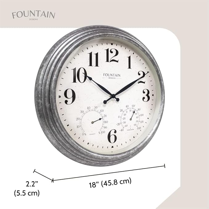 Maison in/Outdoor Clock with Thermometer, 2 in One Weather Station (Weather Thermometer/Wall Decoration) (Galvanized, 18 inch)