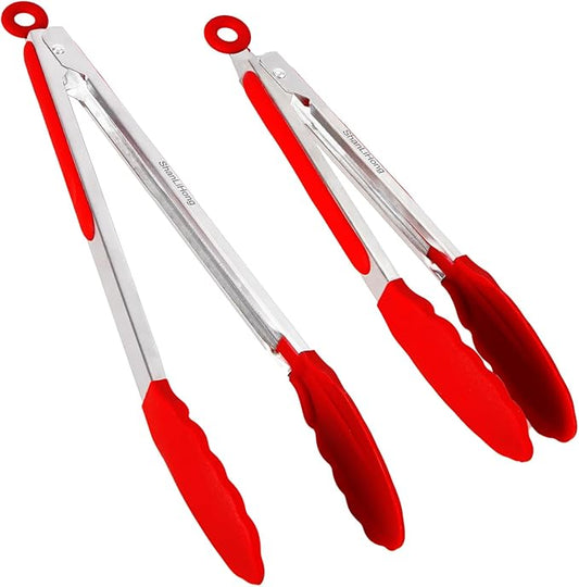 Silicone Kitchen Tongs for Cooking - 9+12 Inch Heat-Resistant Stainless Steel Cooking Tongs with Non-Slip Handle, Non-Scratch Tips for Grilling, BBQ, Salad & Air Fryer - 2-PieceRedSet