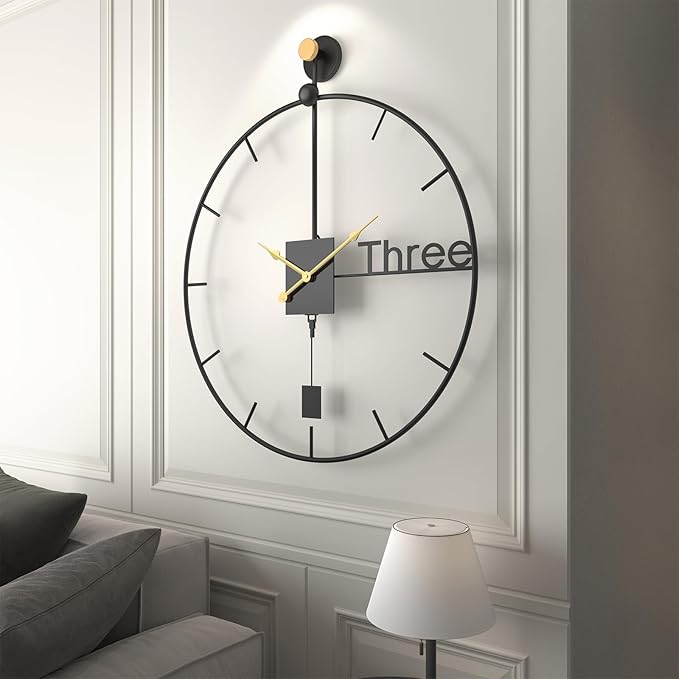 36 inch Extra Large Wall Clock Modern Battery Operated Wall Clock with Pendulum, Silent Non-Ticking Metal Clock for Living Room Decor, Decorative Hanging Clock for Bedroom, Office, Kitchen, Home