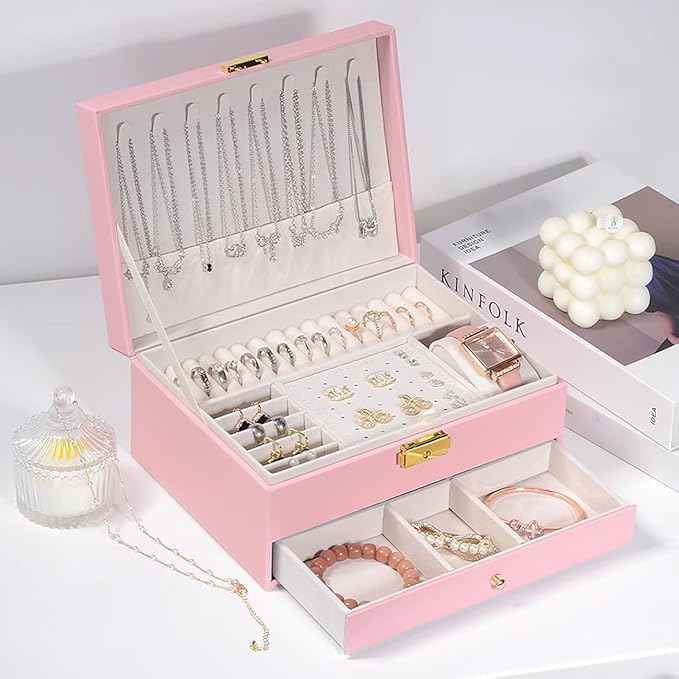 Jewelry Organizer Box for Women - Large PU Leather Jewelry Organizer Storage Case with Two Layers Display for Earrings Bracelets Rings Watches (Pink)
