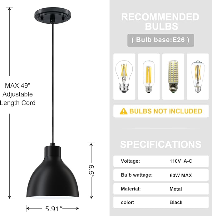 4 Pack 1 Light Industrial Hanging Indoor 6" Mini Kitchen Island Pendant Ceiling Light Fixtures,Black Finish for Bar Dining Room Corridor Living Room