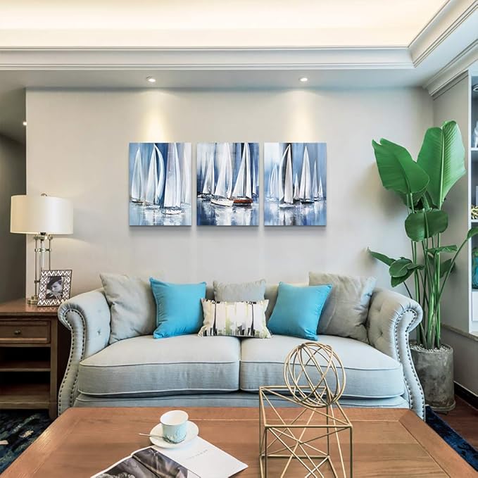 3 Piece Framed Canvas Wall Art For Living Room Bathroom Bedroom Wall Art Decor Ocean Landscape Sailboat Abstract Canvas Painting Ready To Hang Office Home Decoration Sea Poster Pictures Wall Artworks