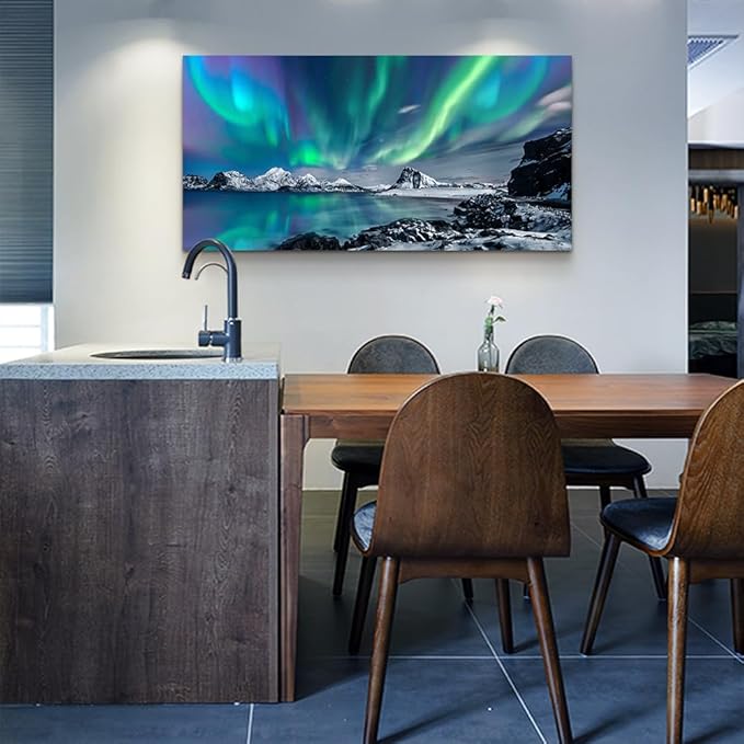 Wapluam Farmhouse Canvas Wall Art For Living Room, Bedroom & Office Decor - Blue Aurora Scenery Painting, Stretched & Framed, Ready To Hang