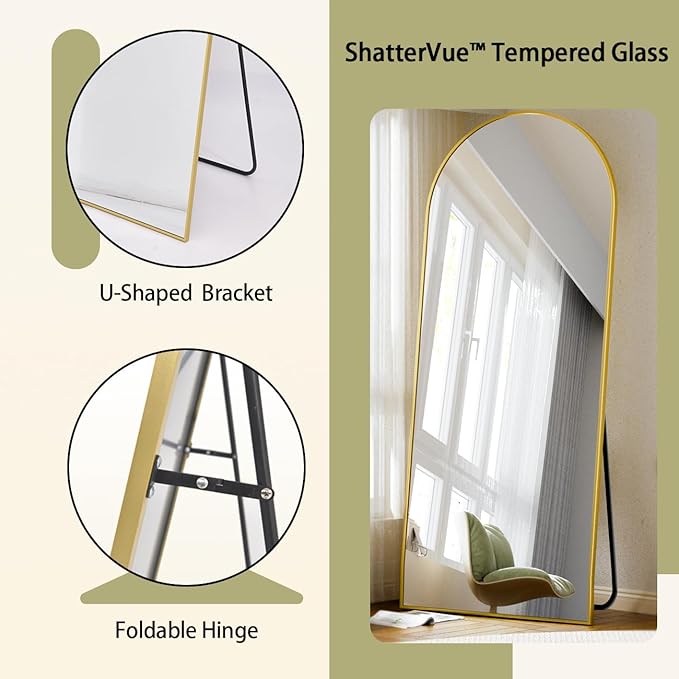 BEAUTYPEAK 71"x26" Arch Full Length Mirror, Full Body Floor Mirror with Stand Hanging or Leaning, Aluminum Alloy Frame Wall Mirrors for Bedroom, Dressing Room, Gold