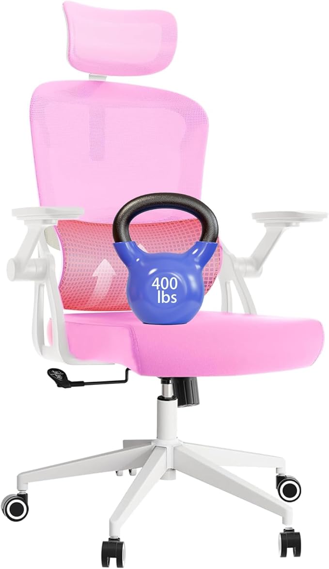 Ergonomic Office Chair - 400LB Comfy Desk Chairs with Headrest and Back Support, Heavy Duty Mesh Computer Chairs with Wheels and Arms for Home Office, Study, Bedroom and Dorm (04Pink)