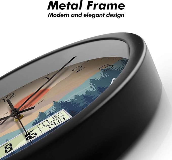 Silent Wall Clock with Day Week Temperature Wilderness with Sunset Non-ticking Battery Operated Large Digital Modern Clocks Display with Calendar and Date for Kitchen Farmhouse Bathroom Office 12 Inch