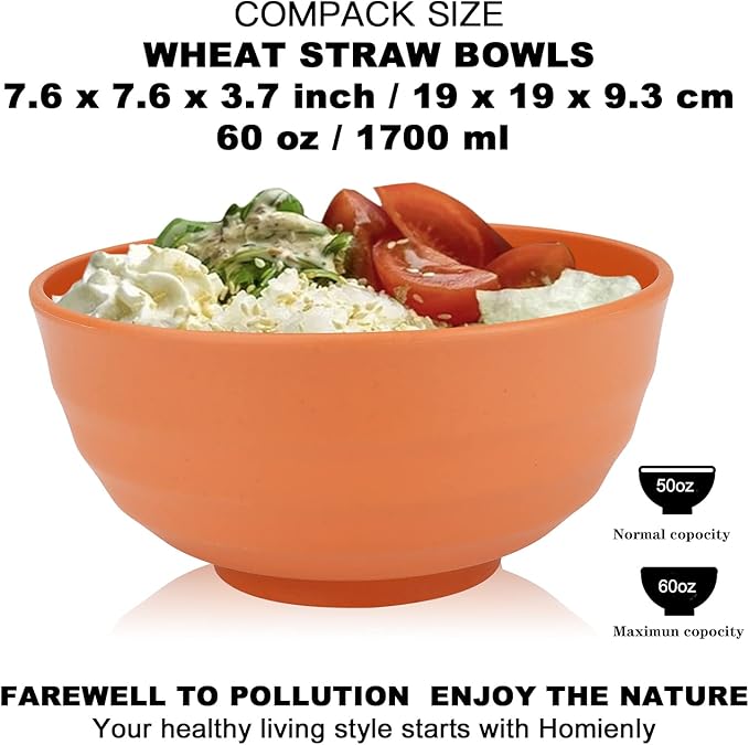 Homienly Large Salad Bowls, Large Soup Bowls Set of 8,Wheat Straw Bowls,Serving Bowl Set for Wedding Parties, 60 Oz Big Bowl for Kitchen, Salad, Soup, Microwave and Dishwasher Safe-Multi Color