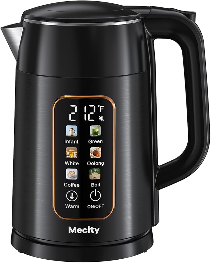 Mecity Electric Kettle 1.7L Touch Screen Temperature Control Water Boiler, No Plastic Contact with Water. 6 Preset Temperature Programs, 2 Hours Keep Warm, Black