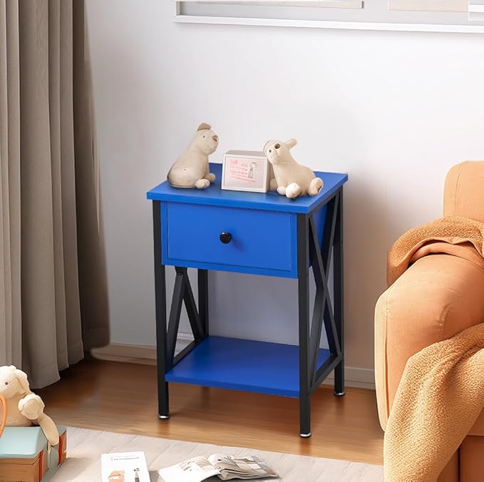 VECELO Nightstand,Modern Bedside End Table, Night Stand with Drawer and Storage Shelf for Living Room Bedroom, Industrial Metal Frame