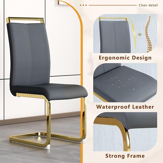 63'' Glass Dining Table Set for 4, Kitchen Table Chairs Set of 4, Clear Glass Dining Table with Black unique design Leg and Gold Metal Base, 4 PU Dining Chairs with Metal Legs, Living Room, Kitchen.