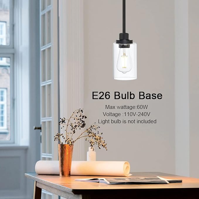 Black Industrial Pendant Light Fixtures, Kitchen Hanging Lighting with Clear Glass Cylinder Shade for Farmhouse Dining Room Coffee Bar Bedroom