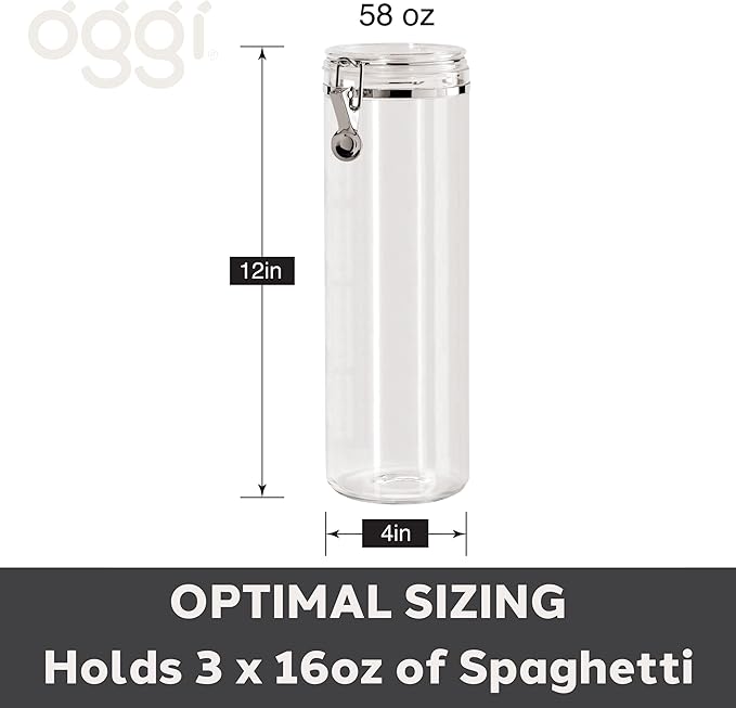 OGGI Tall Clear Canister with Clamp Lid, 58 oz - Large Airtight Food Storage Container, Ideal for Kitchen & Pantry Storage of Bulk, Dry Foods Including Pasta & Spaghetti, Plastic