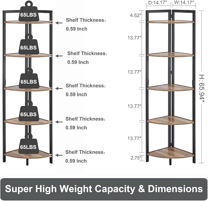 FATORRI Tall Corner Shelf, Industrial Corner Bookshelf, Wood and Metal Corner Shelf Stand for Living Room, Rustic Display Plant Stand for Home Office (Rustic Oak)