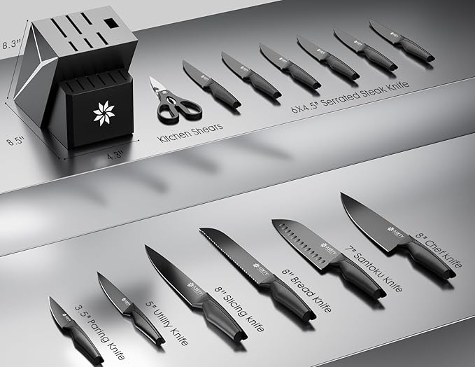 Kitchen Knife Sets with Block -15 PCS Knife Set with Bulti-in Sharpener, Dishwasher Safe, Stainless Steel Kitchen Knife with Ergonomic Handles, Sharp knives for Men and Women,Black