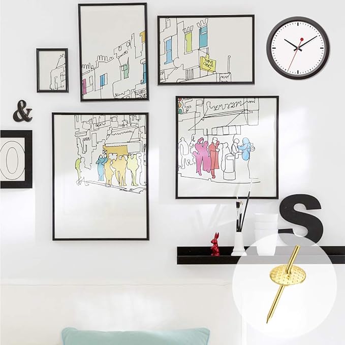 60pcs Picture Hangers, 20lbs Picture Hanging Hooks, Iron Alloy Nail Hooks, Professional Plaster Picture Hanging Kit on Wooden/Drywall Hanging Hardware for Clock,Mirror,Jewelry Golden