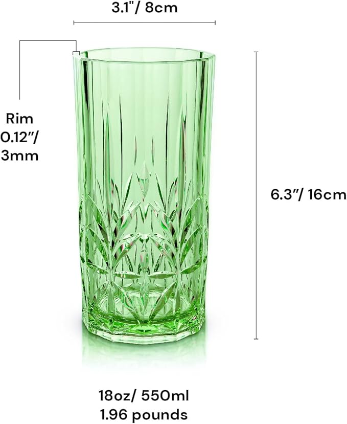 BELLAFORTE Shatterproof Tritan Tall Tumbler, Set of 4, 18oz - Myrtle Beach Drinking Glasses - Unbreakable Plastic Drinking Glasses for Gifting, Parties, New Year - BPA Free - Dishwasher Safe - Green