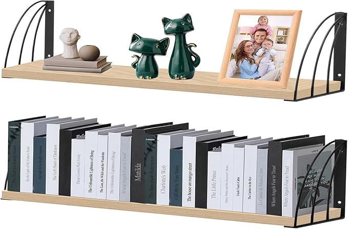 Long 48 Inch Oak Wall Bookshelf- Curved Fan-Shaped Design with Built-in Anti-Slip Book Stops|0.71" Thicker Heavy Duty White Oak Floating Shelves|Floating Book Shelf for Wall,Home Décor Set of 2