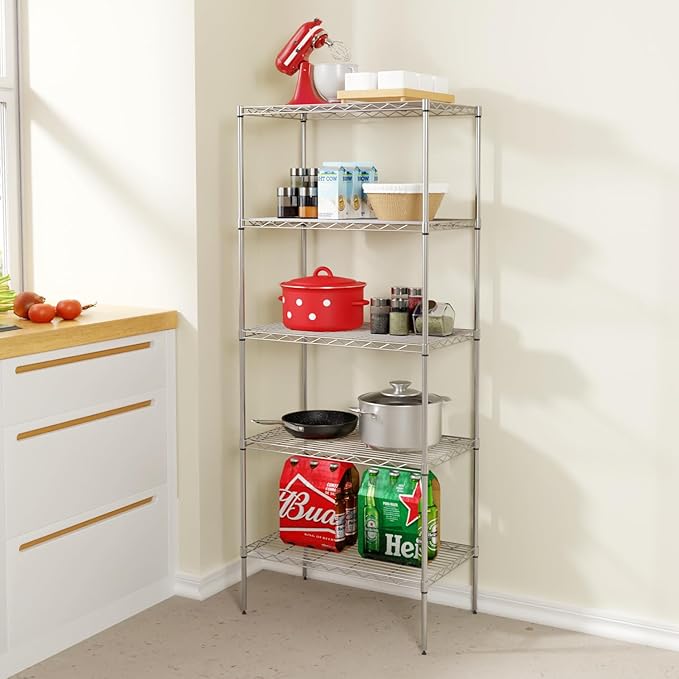 5 Tier Layer Rack Metal Shelf Commercial Storage Shelves for Storage Heavy Duty Metal Storage Shelves Durable and Versatile Storage Solution for Restaurant Garage Pantry Bathroom Office Kitchen