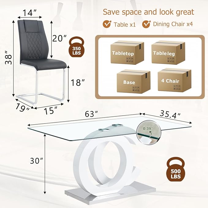 63'' Glass Dining Table Set for 4, Kitchen Table Chairs Set of 4, Clear Glass Dining Table with White unique design Leg and Silver Metal Base, 4 PU Dining Chairs with Metal Legs, Living Room, Kitchen.