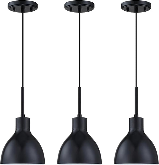 3 Pack 1 Light Industrial Hanging Indoor Kitchen Island Pendant Ceiling Light Fixtures Black Finish,5.9" Drum Metal Shade for Bar Dining Room Living Room Over Sink
