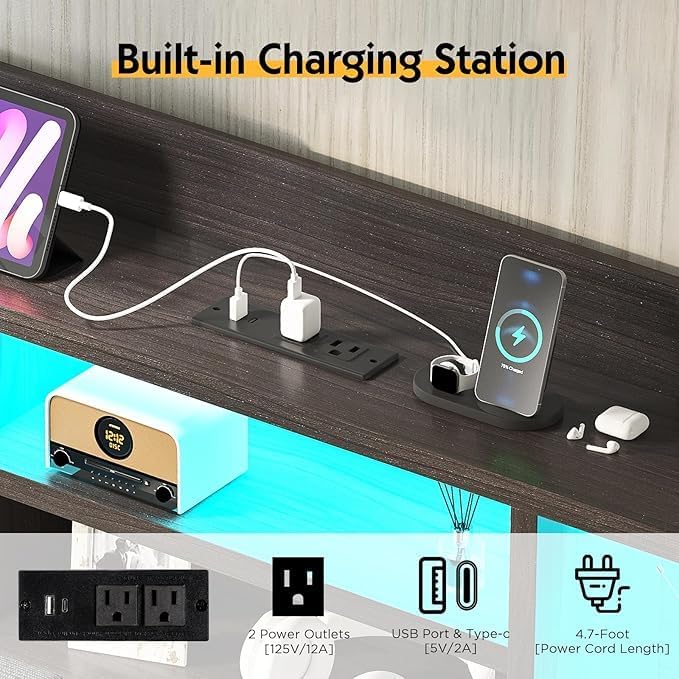 Queen Farmhouse Bed Frame with Bookcase Headboard and 4 Drawers, LED Storage Bed with Charging Station & Linen Upholstered, No Box Spring Needed,Black