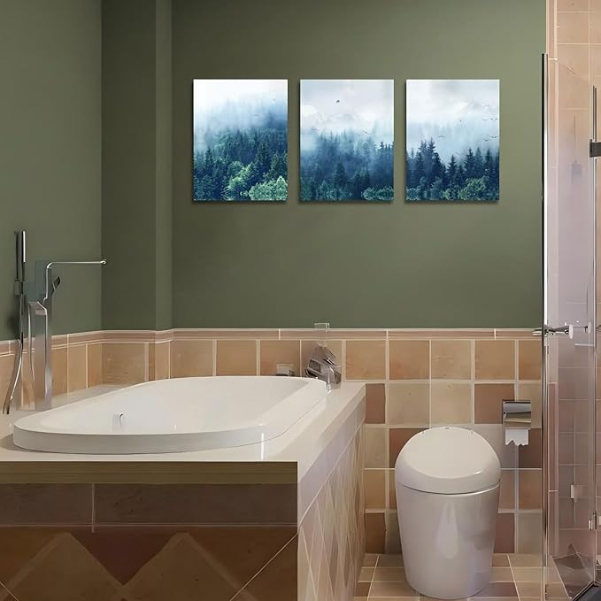 Arjun Forest Wall Art Misty Indigo Blue Landscape Canvas Painting Mountain Pine Tree Nature Birds Pictures Scenery Framed for Living Room Bedroom Bathroom Home Office Wall Decor, 12"x16"x3 Panels