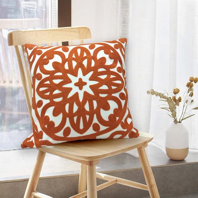 Alysheer Embroidered Decorative Throw Pillow Cover 20"x 20", Boho Mandala Modern Thick Embroidery Pattern, Durable Cotton Canvas Soft Cushion Case for Sofa Couch Bed Living Room (Burnt Orange)