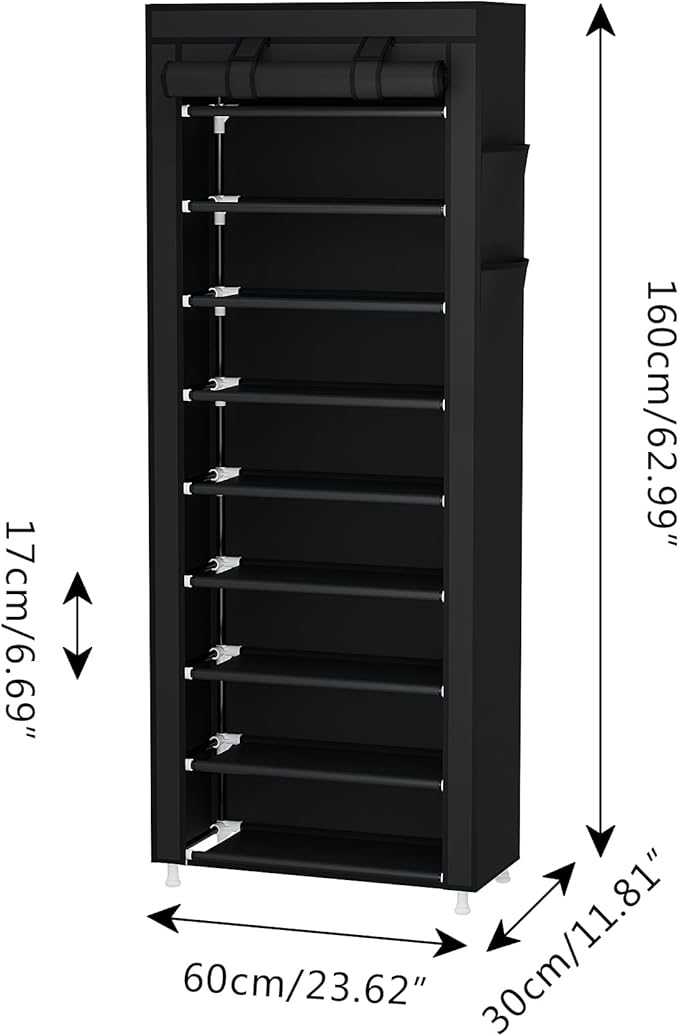 Calmootey 9 Tier Shoe Rack Organizer,Portable Shoe Shelf with Nonwoven Fabric Cover for Closet Hallway,Bedroom,Entryway,Black