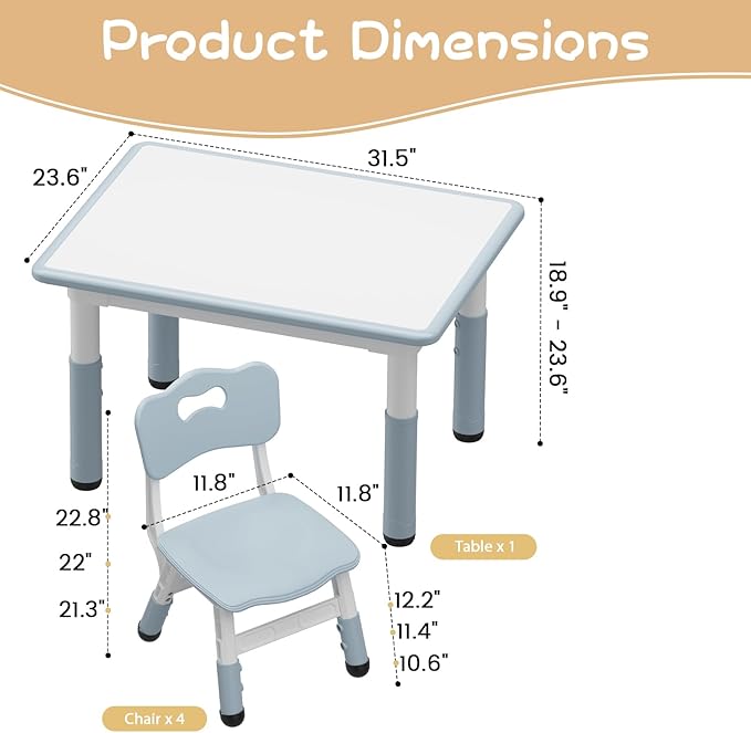 GAOMON Kids Table and 4 Chairs Set, Height Adjustable Toddler Table and Chairs Set for Ages 2-10, Graffiti Desktop, Non-Slip Legs, Child Table for Daycare Classroom Home
