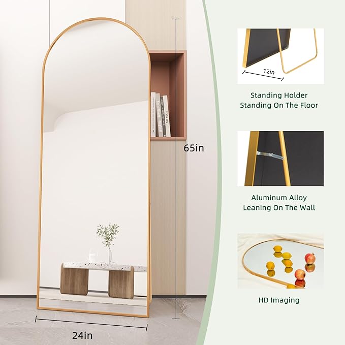 Beauty4U Arched Full Length Mirror, Standing or Leaning, Bedroom Dressing Mirror with Gold Aluminum Alloy Frame, 65" x 24"