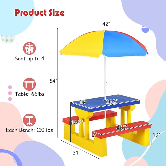 Kids Picnic Table, Toddler Picnic Table with Removable & Foldable Umbrella, Plastic Children Patio Furniture for Garden Backyard, Kids Outdoor Table, Multicolored