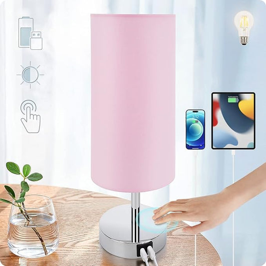 Yarra-Decor Bedside Lamp with USB Port - Touch Control Table Lamp for Bedroom 3 Way Dimmable Nightstand Lamp with Round Pink Fabric Shade for Living Room, Dorm, Home Office (LED Bulb Included)