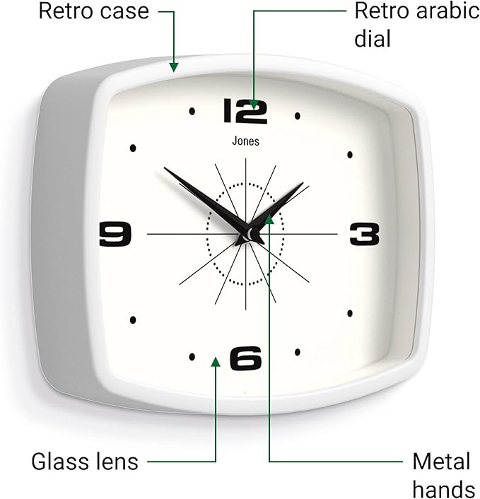 JONES CLOCKS® Movie Wall Clock | Retro Rectangular Clock | 10 inch | White | Cool mid-Century Designer Look for Kitchen, Living Room or Office