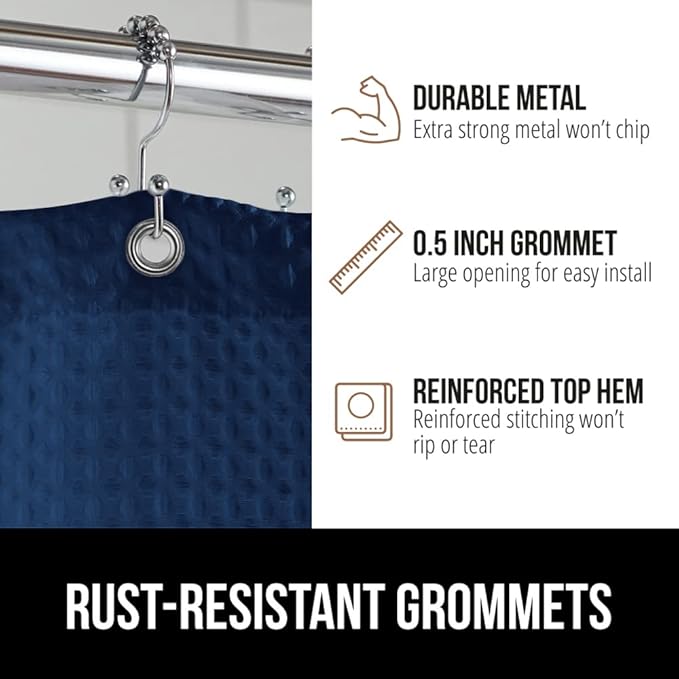 GORILLA GRIP Waffle Shower Curtain, Thick Weighted Fabric, Wrinkle and Rust Resistant, Classic Hotel Quality Design, Heavy Duty Long Curtains for Bathroom Showers, Bath Tubs, Machine Wash, 72x72, Navy