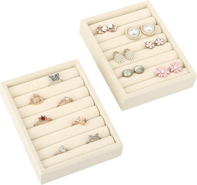 Small Jewelry Tray-Ring Organizer 2PCS Premium Velvet Rings Earrings Display Tray Storage Insert Holder for Jewelry Box, Drawer, Dresser (8 Slots, Beige)
