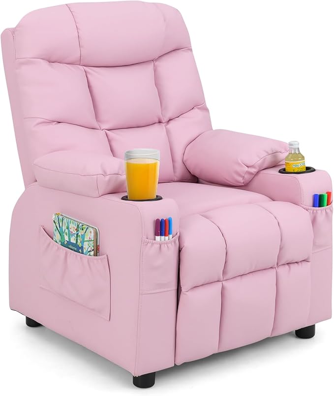 Kids Recliner, Kids Recliner Chair w/ 2 Cup Holders, PU Leather Kids Chairs Comfy w/Adjustable Backrest & 3 Pockets, Toddler Furniture Sofa for Boys Girls Aged 3+ (Pink)